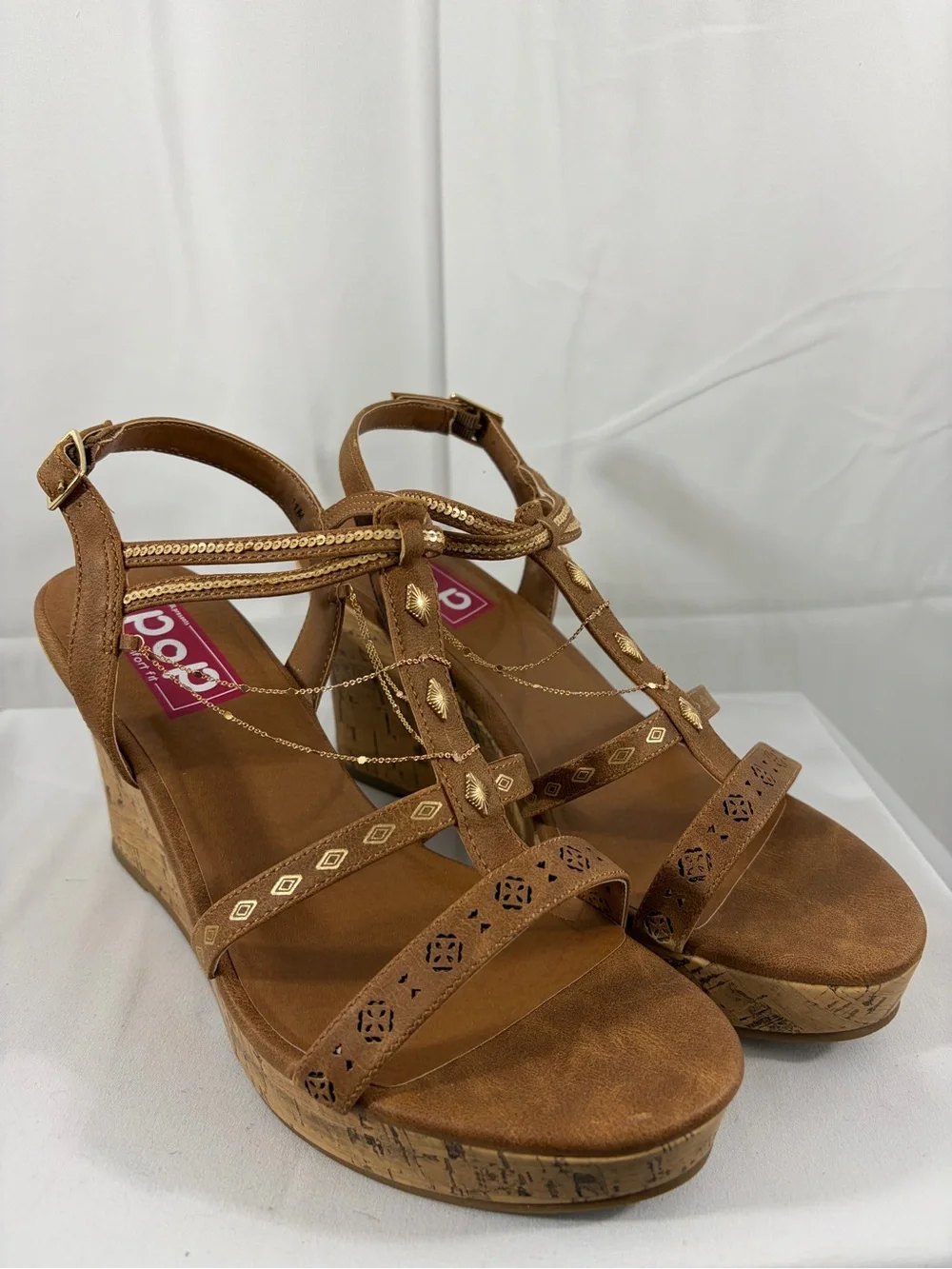 NWT pop Women’s Size 11 Brown Wedge Sandals with Gold Jewelry Accents